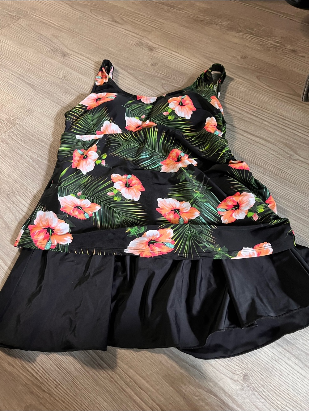 Black Floral Tank One-Piece Swimdress with Skirt